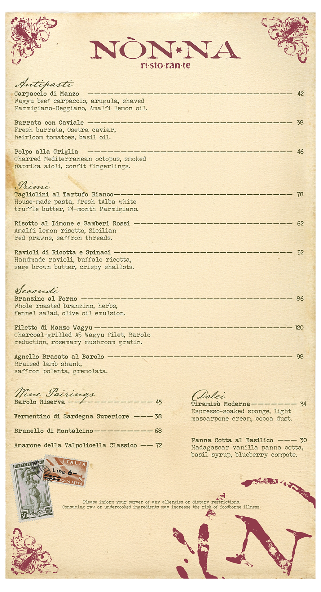 Menu — dinner — Nòn·na Ristorante