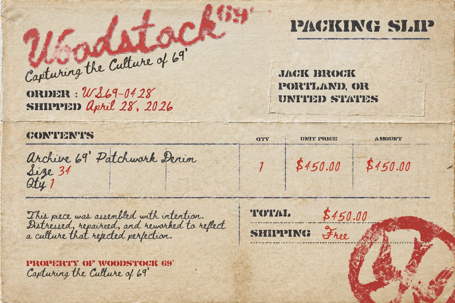 Packing slip — Woodstock 69’